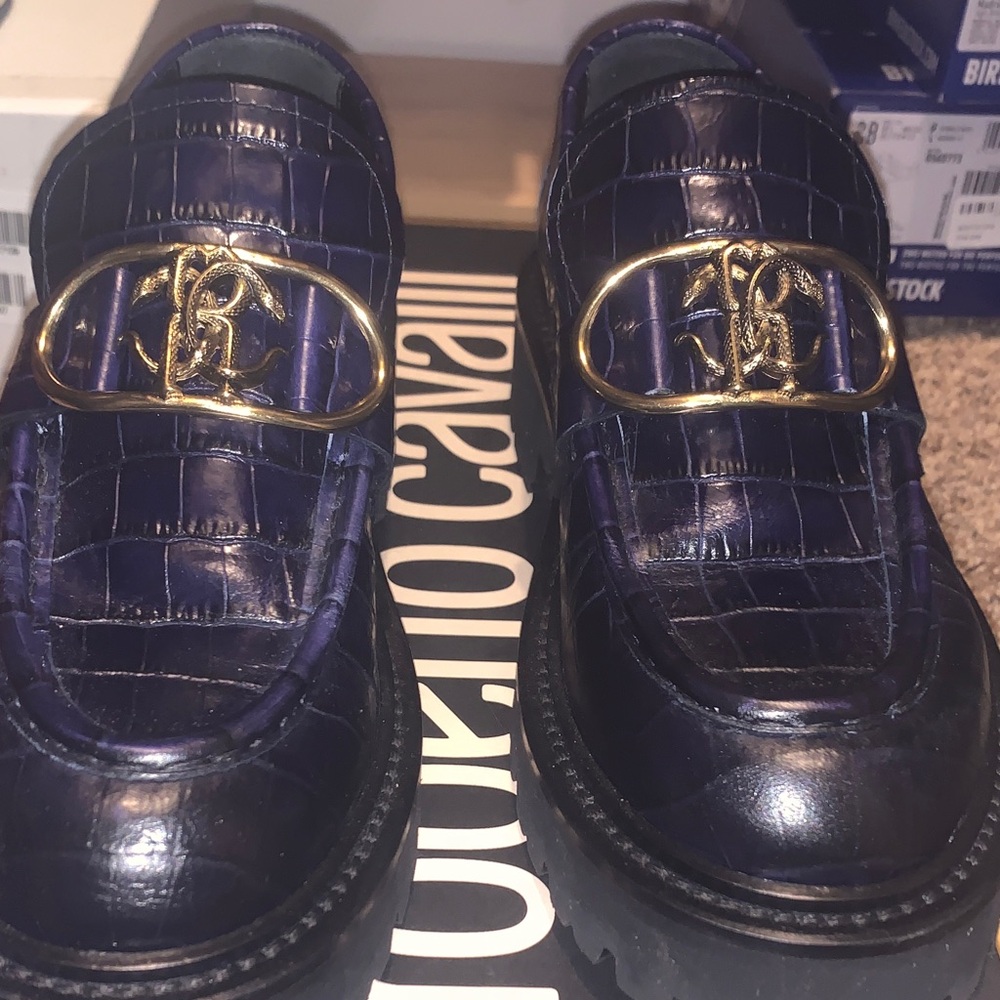 Roberto Cavalli Blue Croc-Embossed Loafers with Gold Buckle